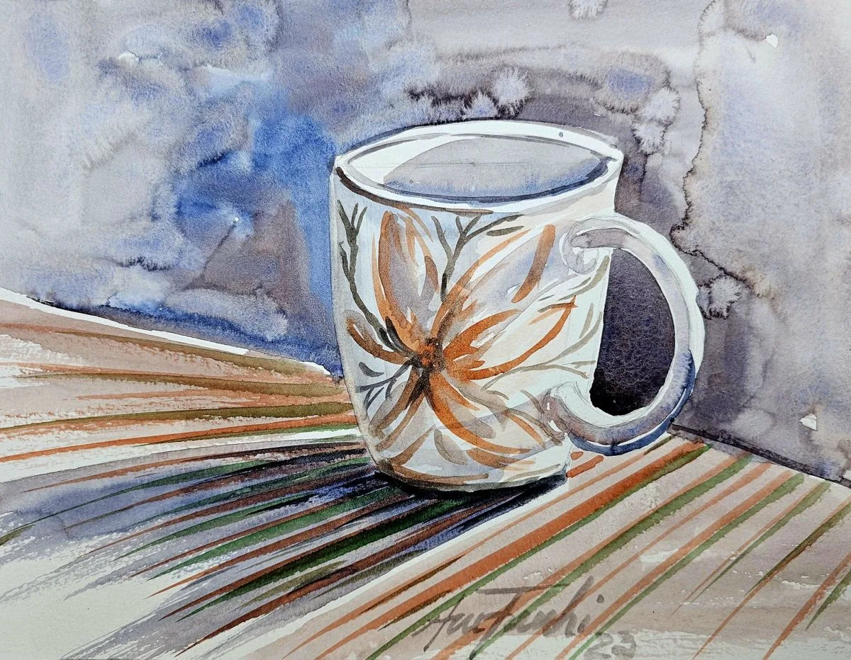 Estudo de uma caneca em aquarela, de Ane Frenhi