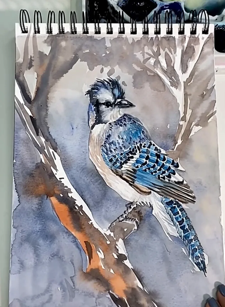 Ave azul pintada em aquarela por Ane Frenhi