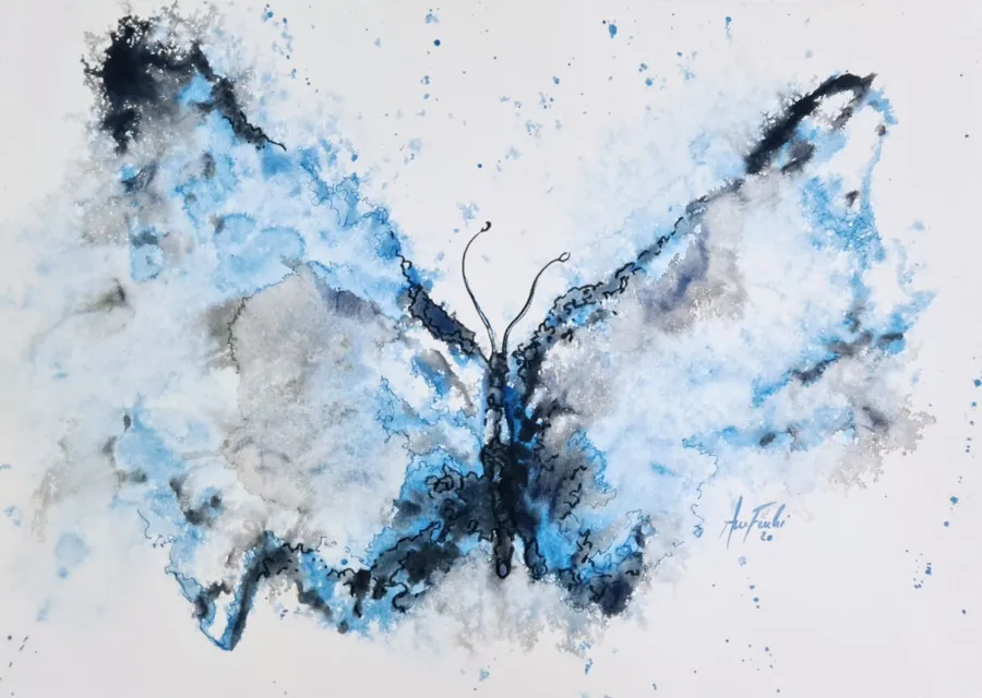 Borboleta em aquarela azul, de Ane Frenhi