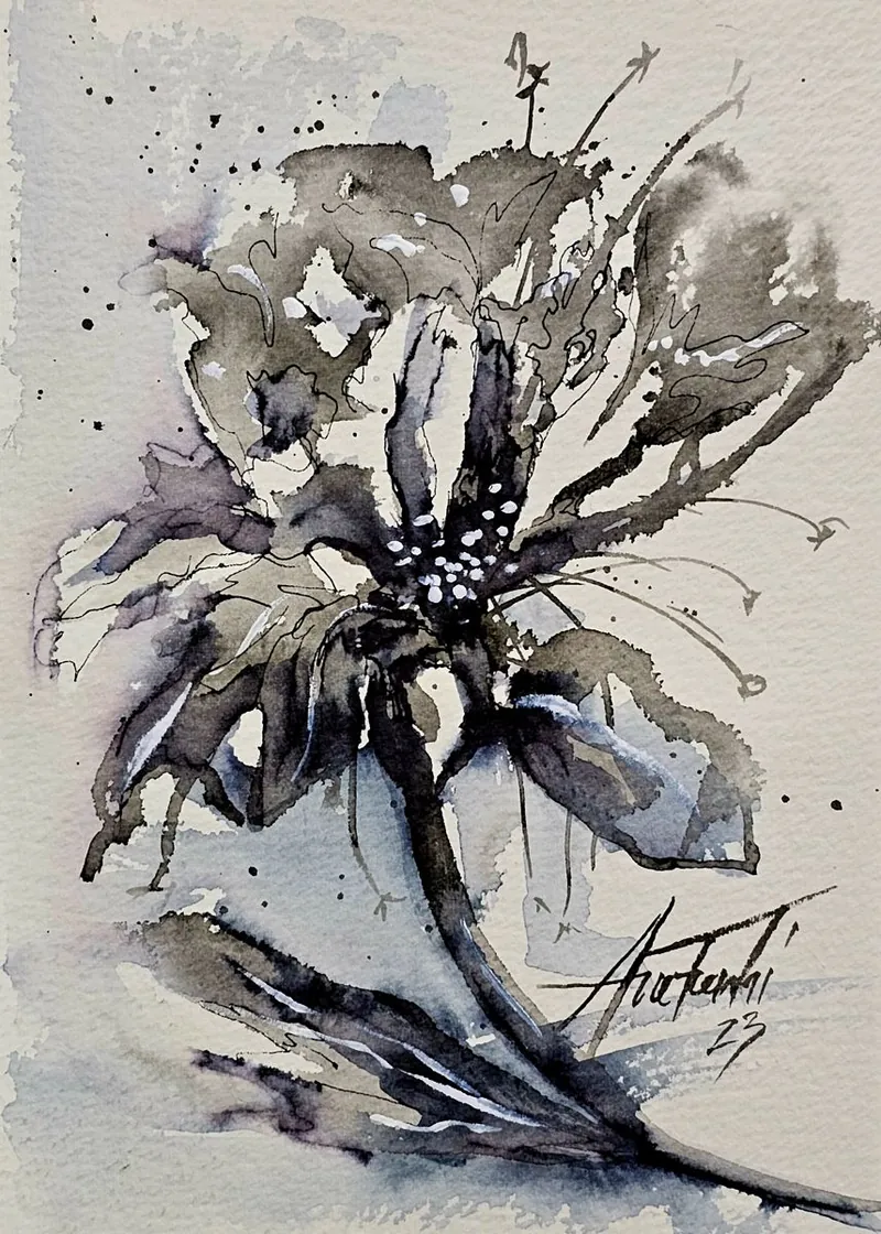 Flor em aguada de nanquim, de Ane Frenhi